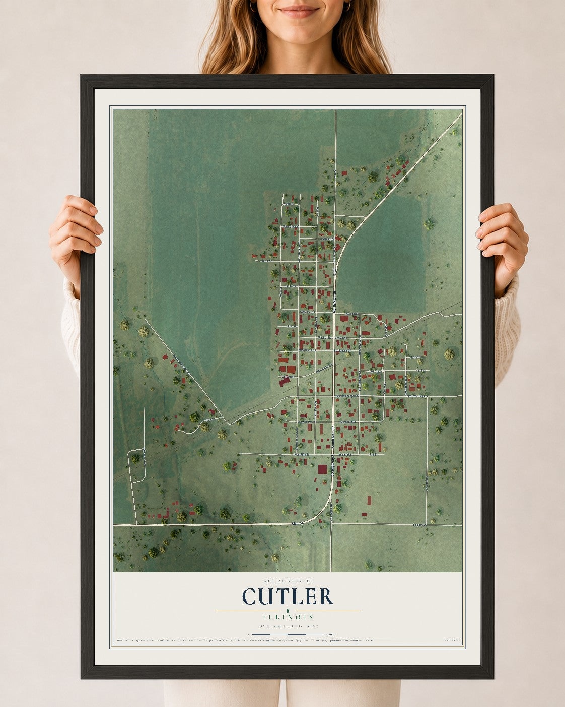 Map of Cutler, Illinois, 24 x 36 inch print in a black wood frame