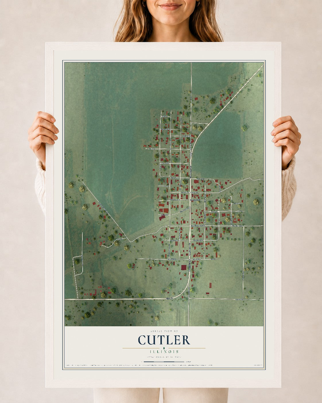 Map of Cutler, Illinois, 24 x 36 inch print in a white wood frame