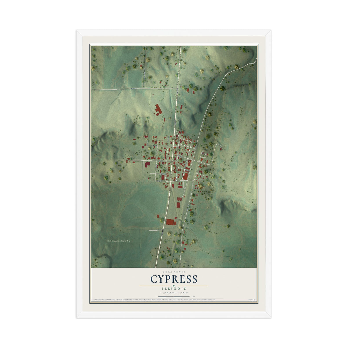 Map of Cypress, Illinois, 12 x 18 inch print in a white wood frame