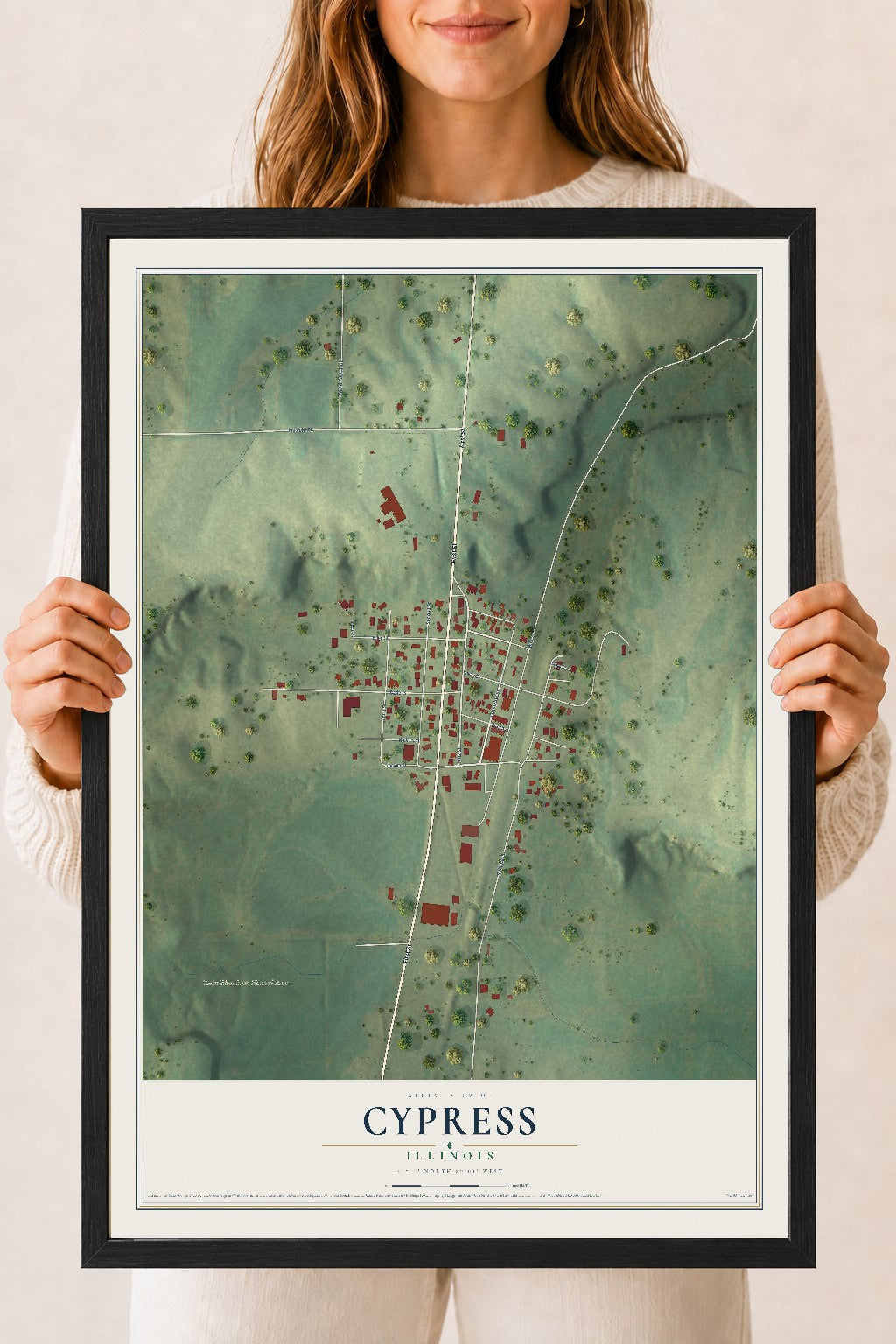 Map of Cypress, Illinois, 18 x 24 inch print in a black wood frame