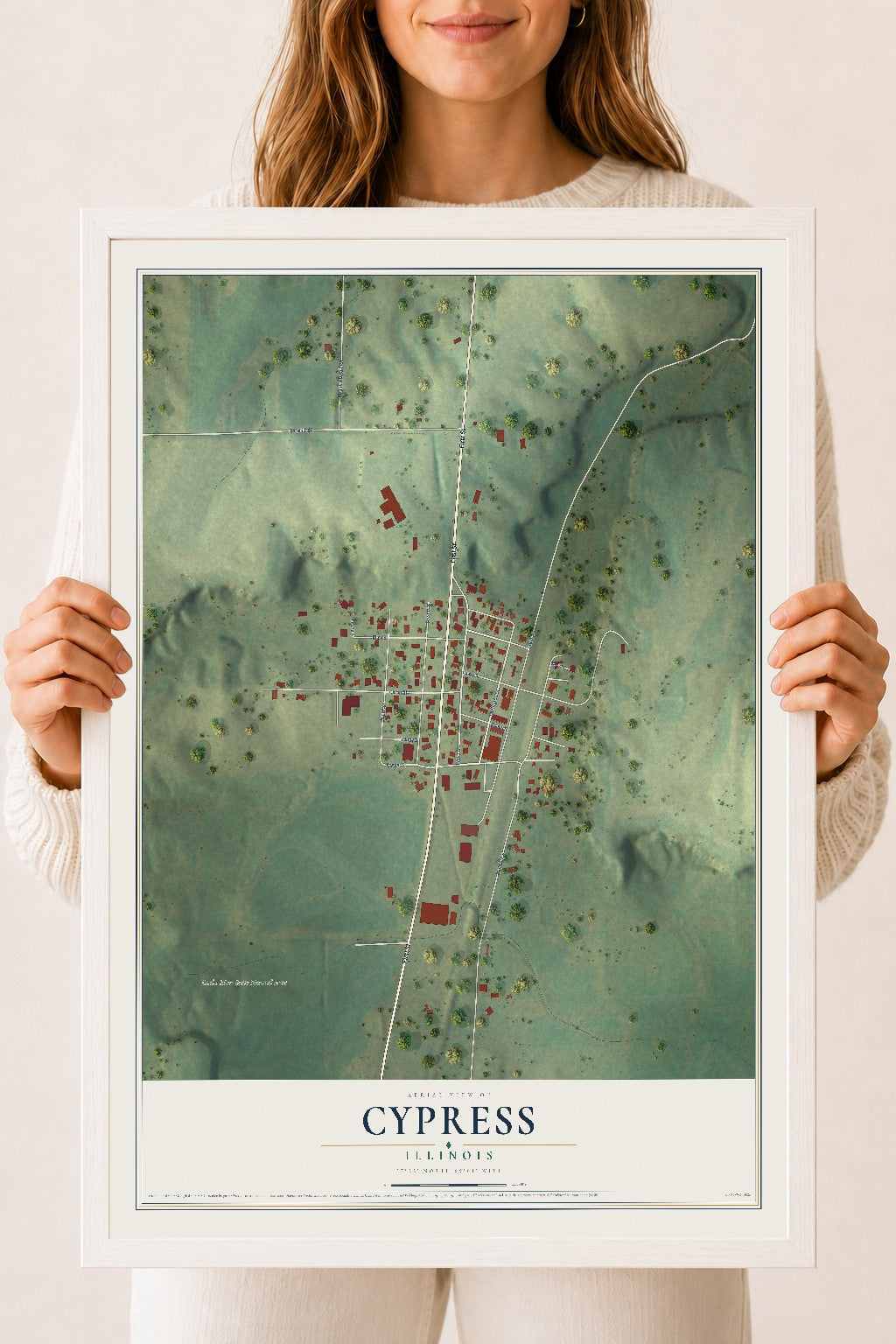 Map of Cypress, Illinois, 18 x 24 inch print in a white wood frame