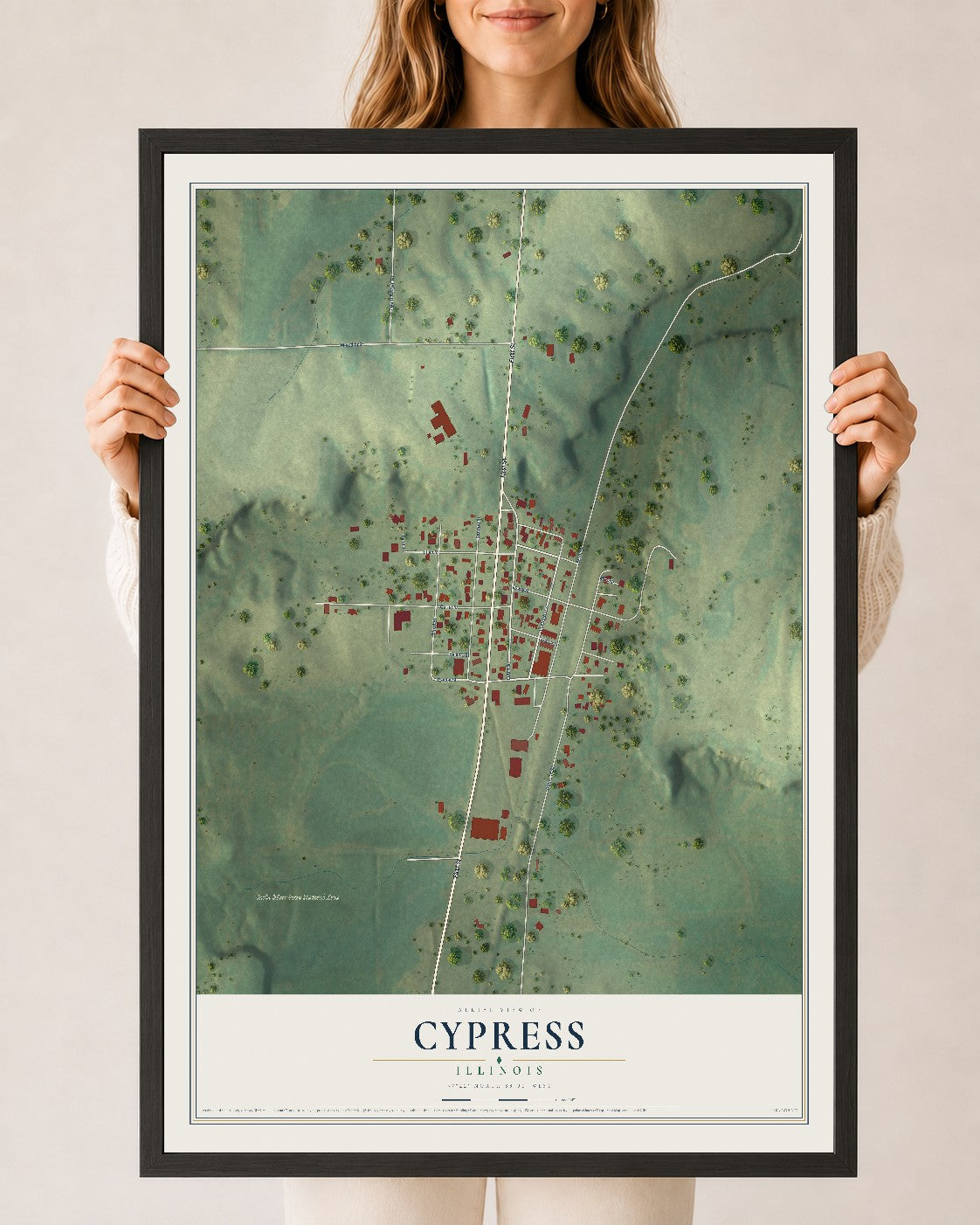 Map of Cypress, Illinois, 24 x 36 inch print in a black wood frame
