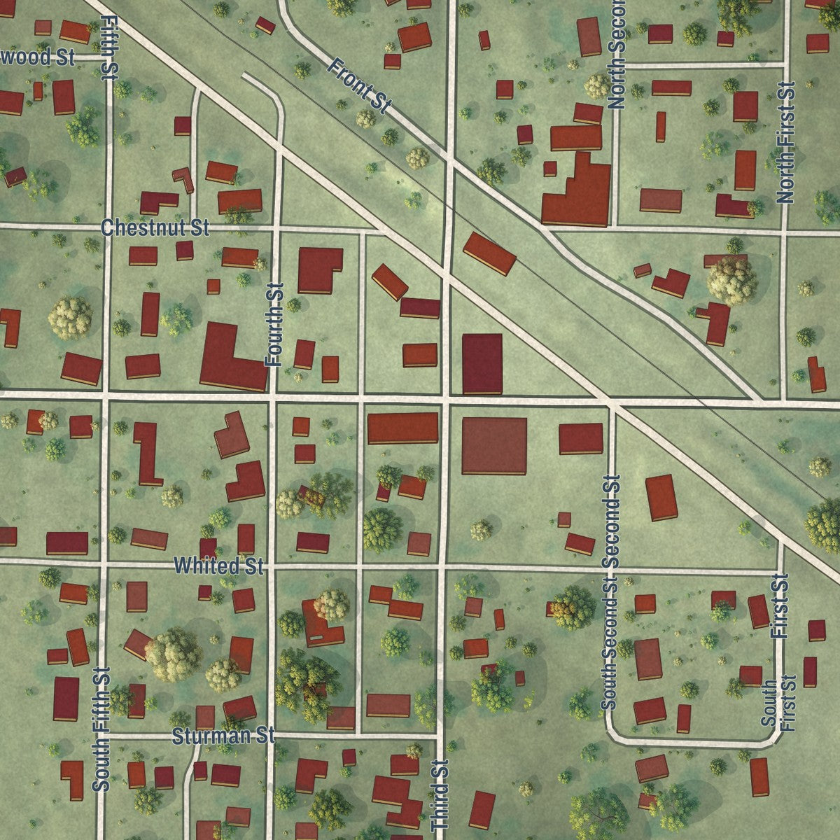 Close-up of the map of Dahlgren, Illinois print showing street and building detail
