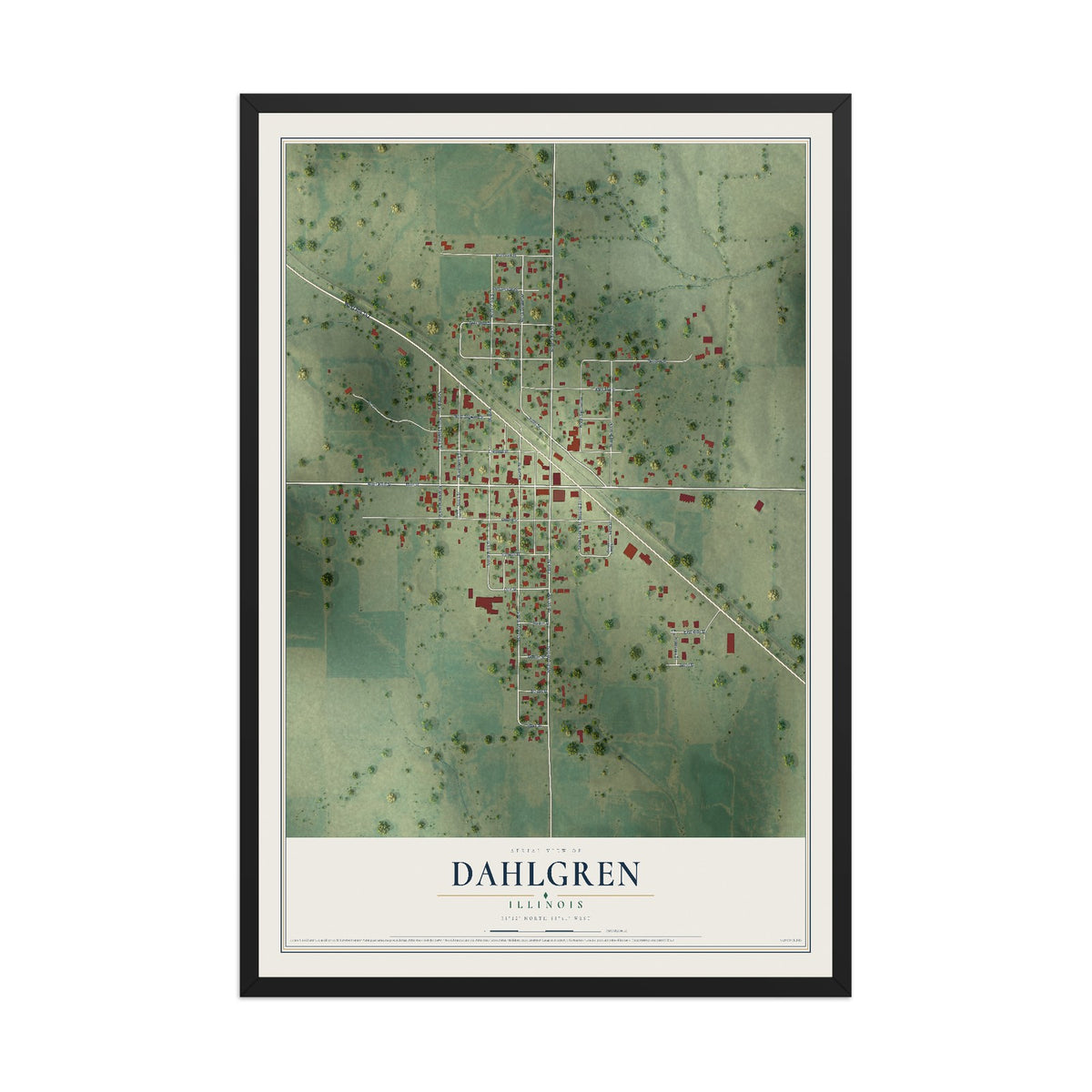 Map of Dahlgren, Illinois, 12 x 18 inch print in a black wood frame