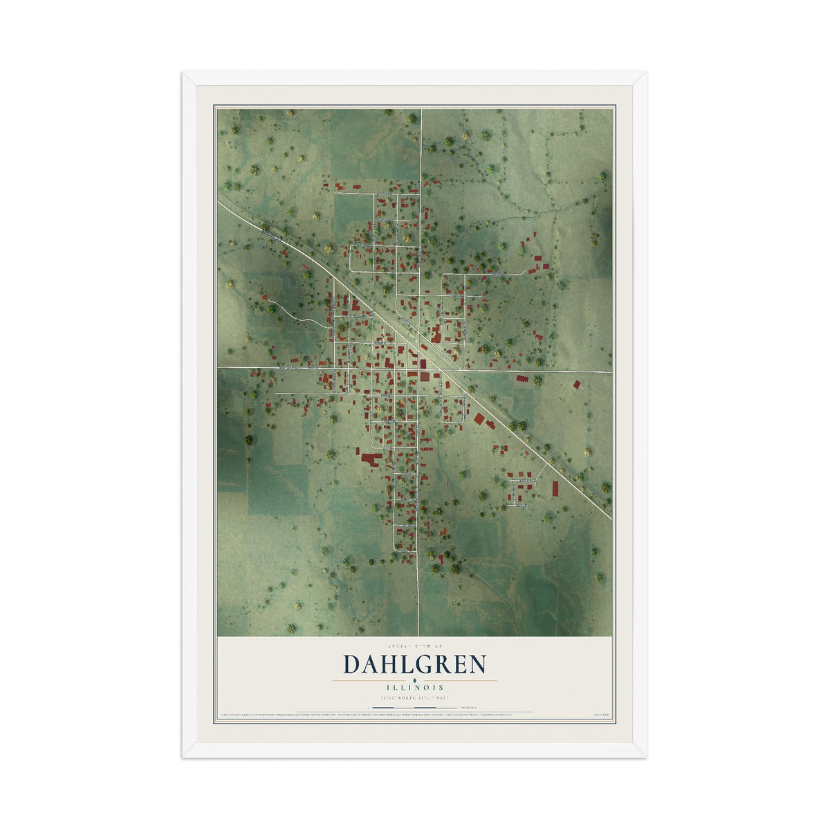Map of Dahlgren, Illinois, 12 x 18 inch print in a white wood frame