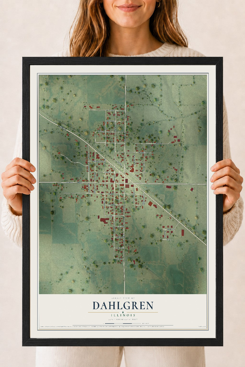 Map of Dahlgren, Illinois, 18 x 24 inch print in a black wood frame