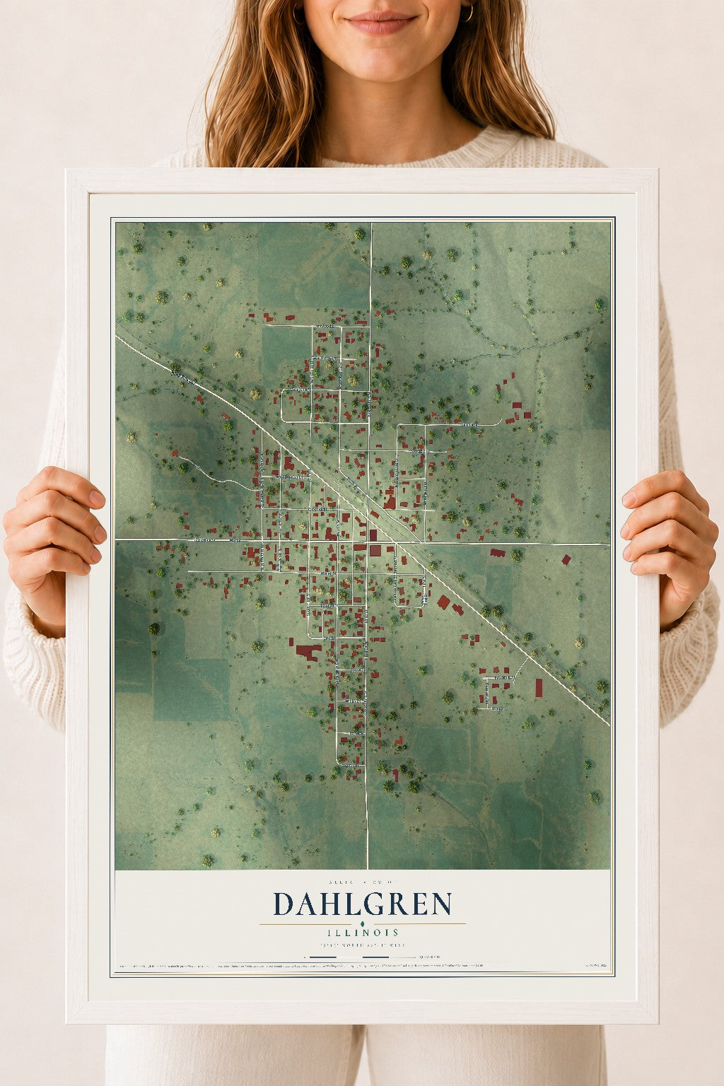 Map of Dahlgren, Illinois, 18 x 24 inch print in a white wood frame