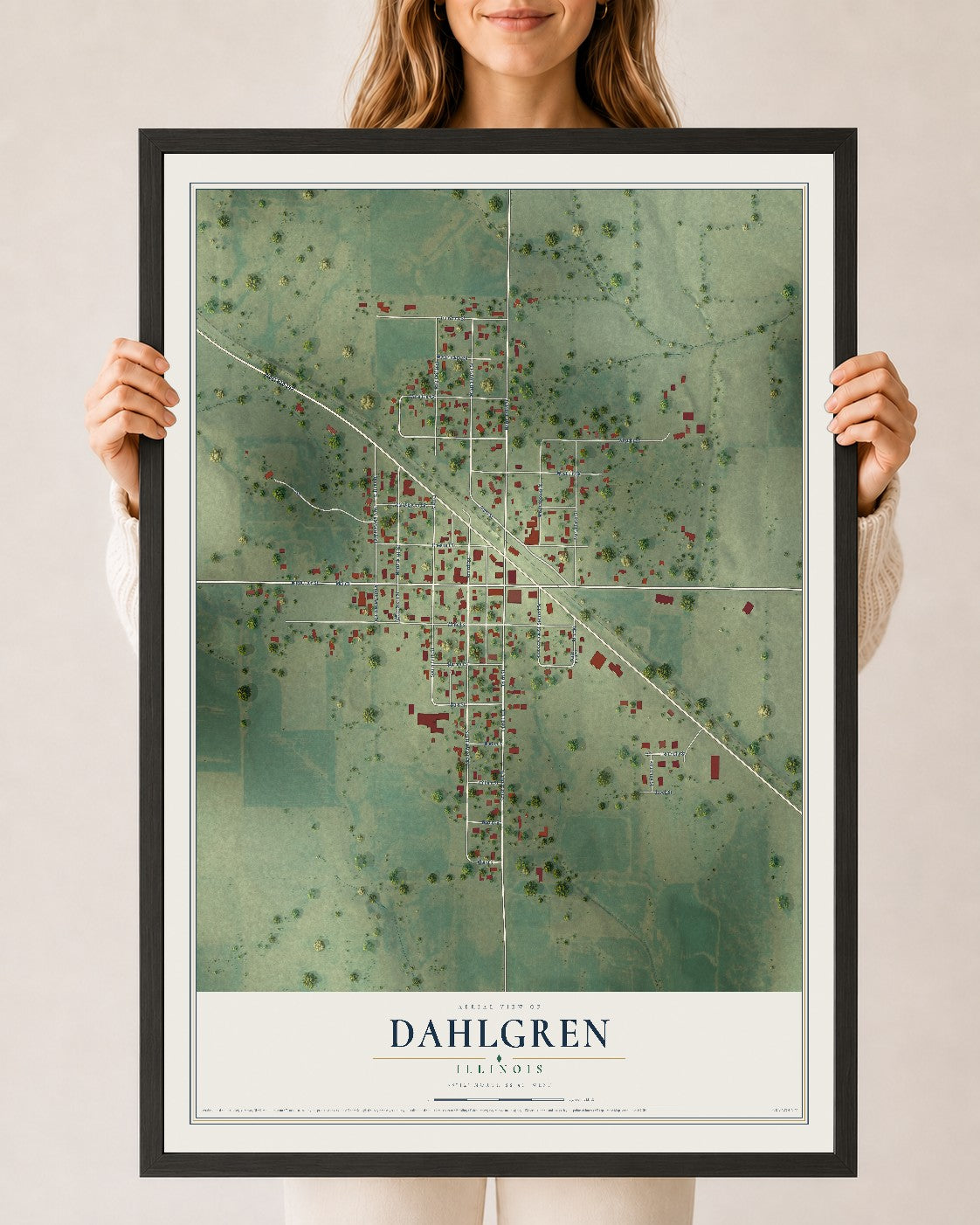 Map of Dahlgren, Illinois, 24 x 36 inch print in a black wood frame