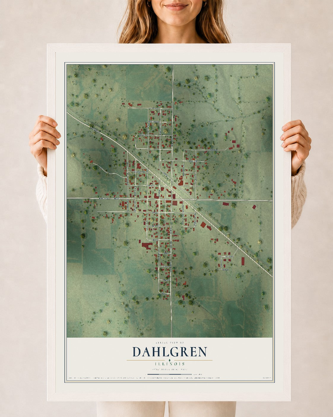 Map of Dahlgren, Illinois, 24 x 36 inch print in a white wood frame