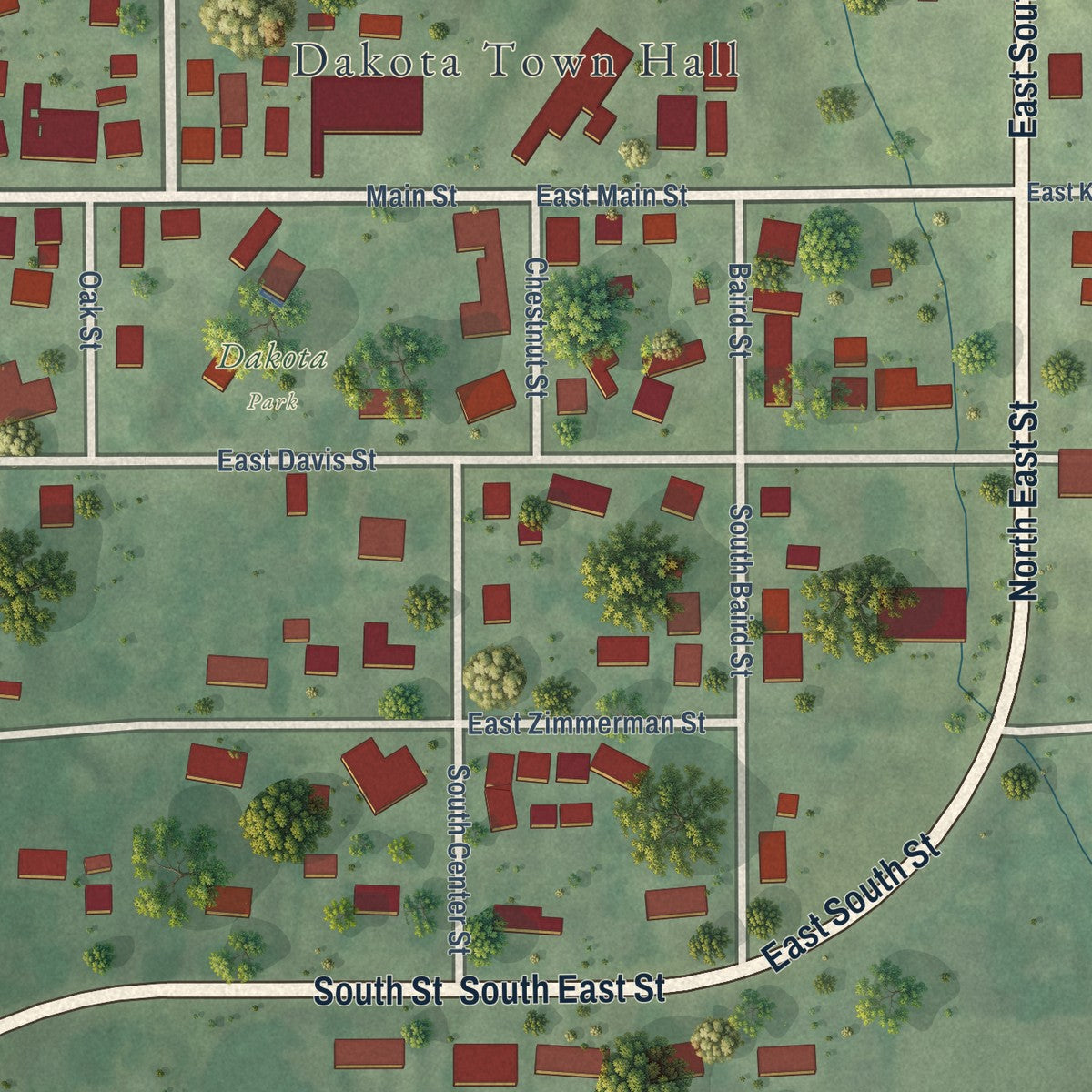 Close-up of the map of Dakota, Illinois print showing street and building detail