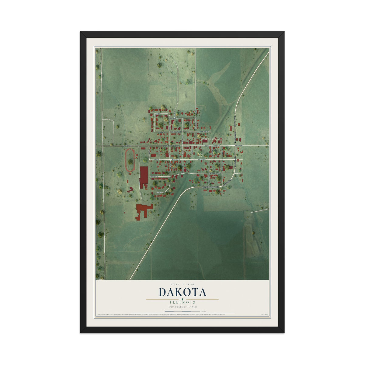 Map of Dakota, Illinois, 12 x 18 inch print in a black wood frame