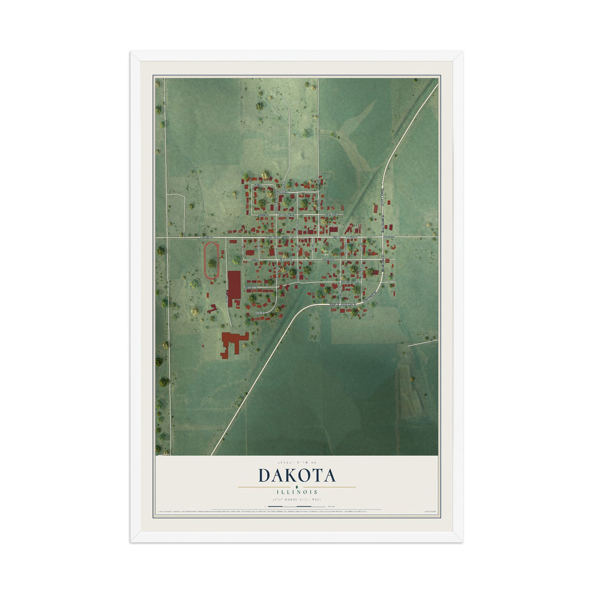 Map of Dakota, Illinois, 12 x 18 inch print in a white wood frame