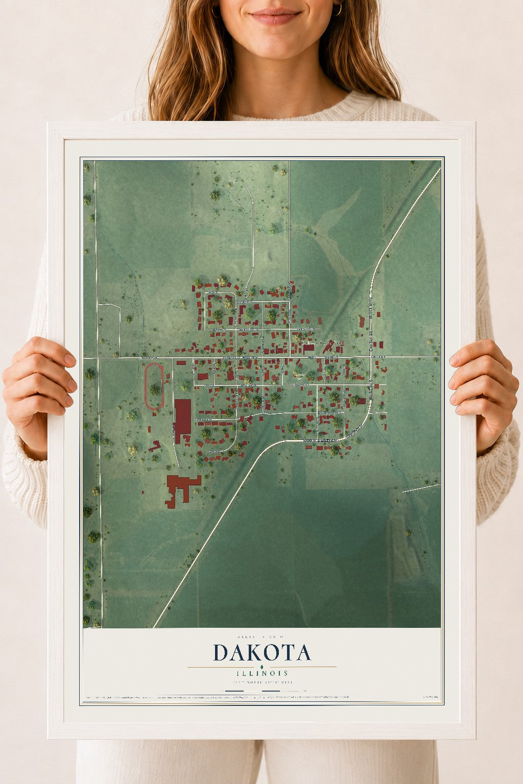 Map of Dakota, Illinois, 18 x 24 inch print in a white wood frame