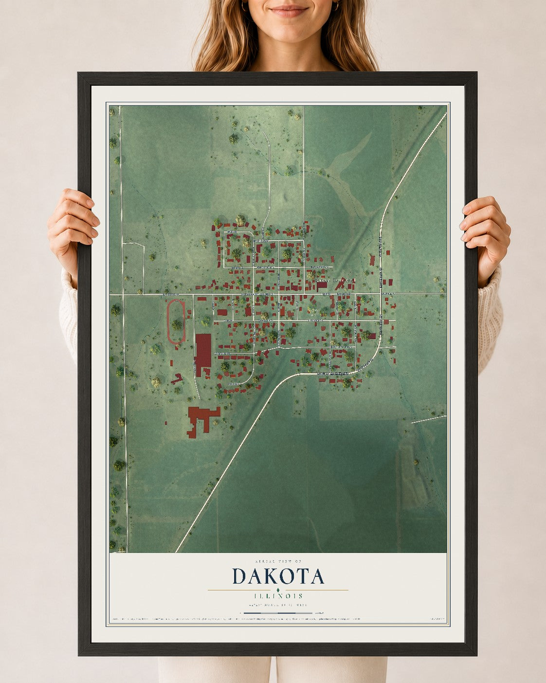 Map of Dakota, Illinois, 24 x 36 inch print in a black wood frame