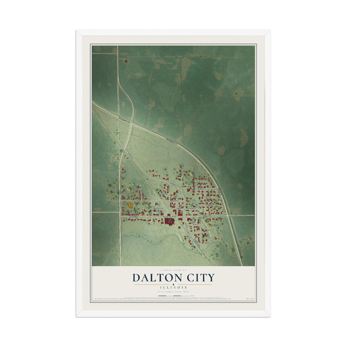 Map of Dalton City, Illinois, 12 x 18 inch print in a white wood frame