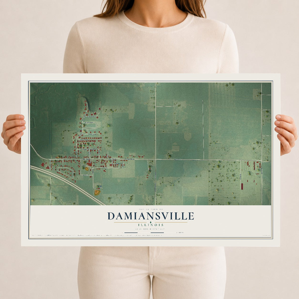 Map of Damiansville, Illinois, 12 x 18 inch unframed archival matte print