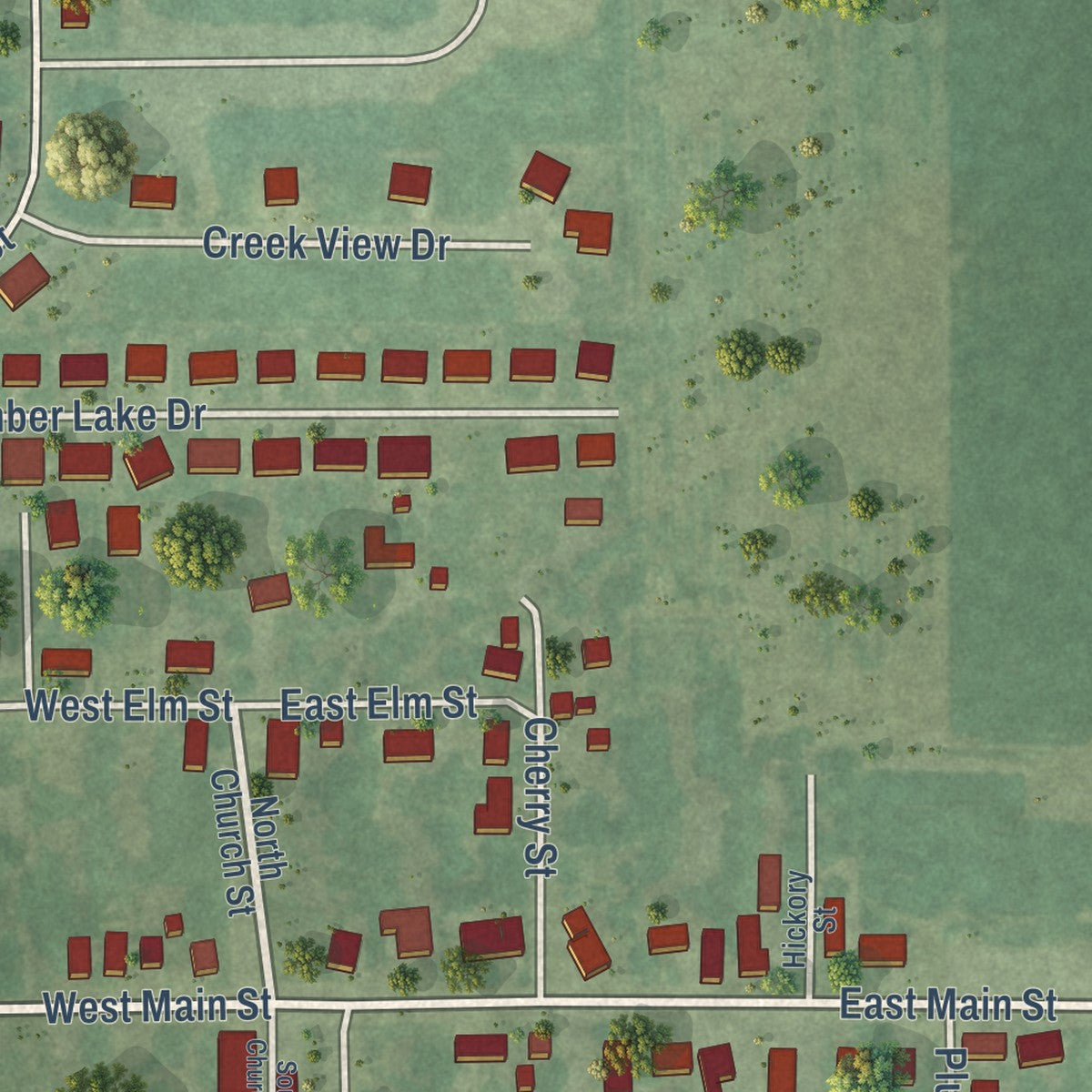 Close-up of the map of Damiansville, Illinois print showing street and building detail