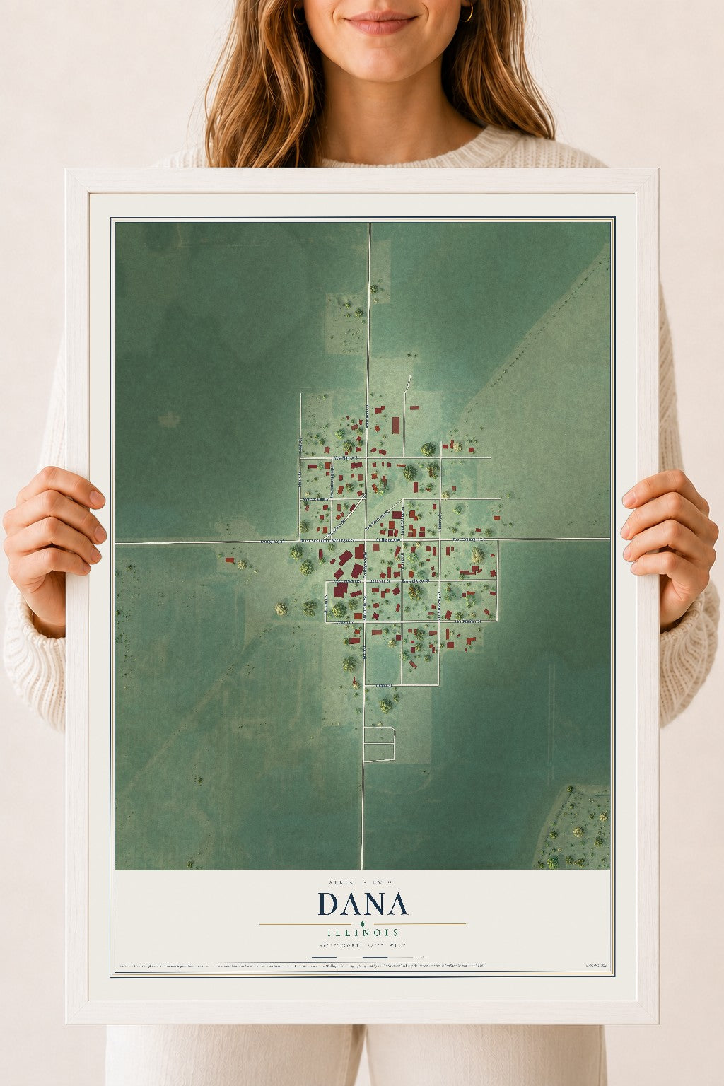 Map of Dana, Illinois, 18 x 24 inch print in a white wood frame