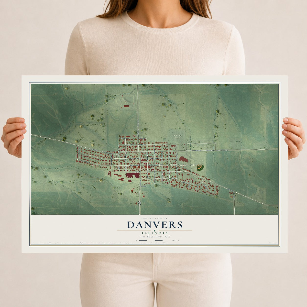 Map of Danvers, Illinois, 12 x 18 inch unframed archival matte print