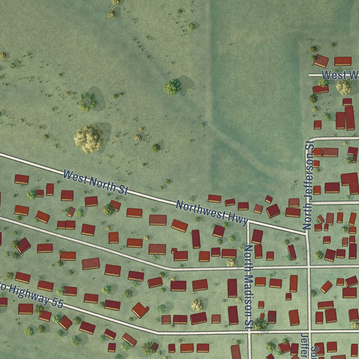 Second close-up of the map of Danvers, Illinois print showing more streets and buildings