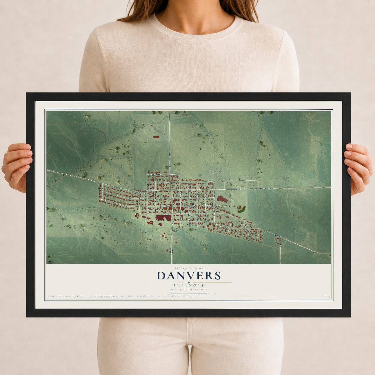 Map of Danvers, Illinois, 12 x 18 inch print in a black wood frame