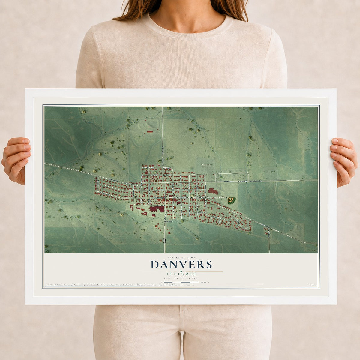 Map of Danvers, Illinois, 12 x 18 inch print in a white wood frame