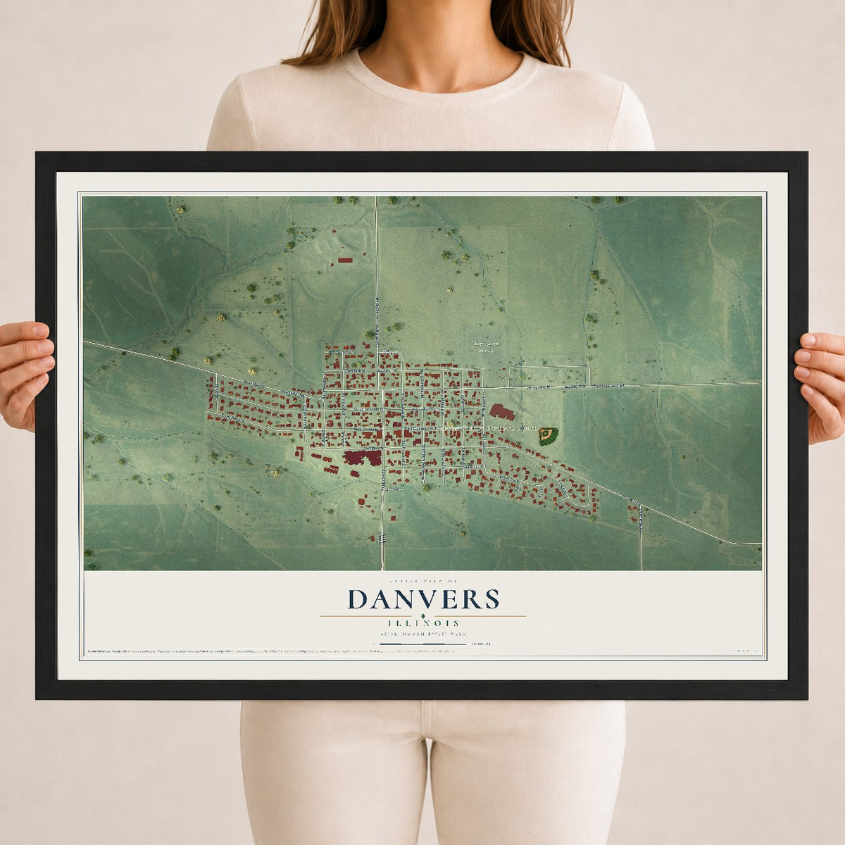 Map of Danvers, Illinois, 18 x 24 inch print in a black wood frame