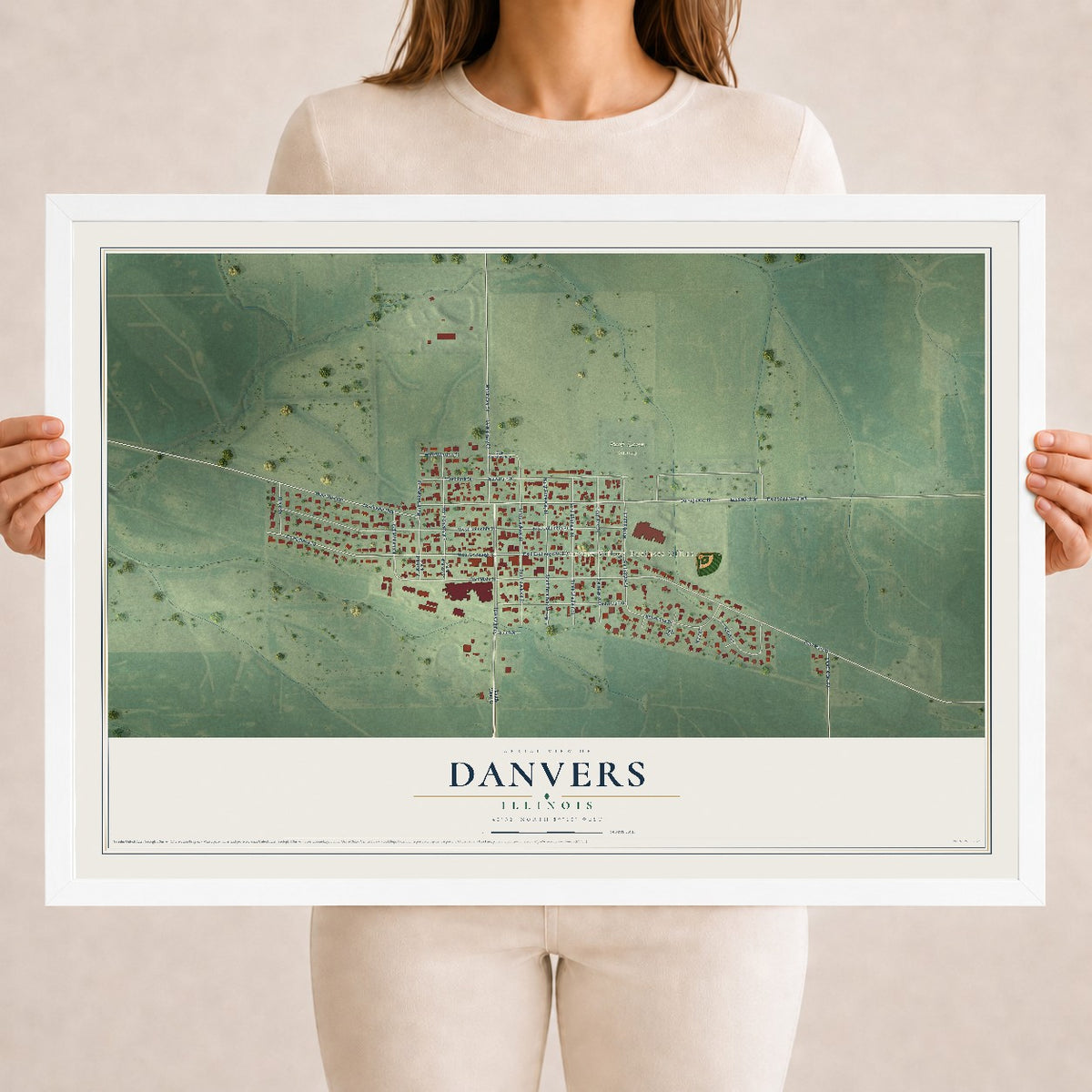 Map of Danvers, Illinois, 18 x 24 inch print in a white wood frame