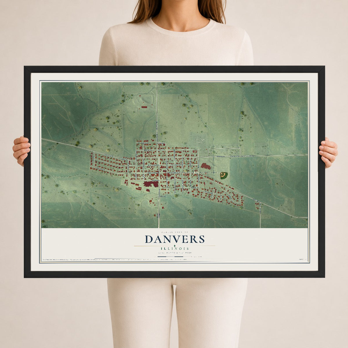 Map of Danvers, Illinois, 24 x 36 inch print in a black wood frame