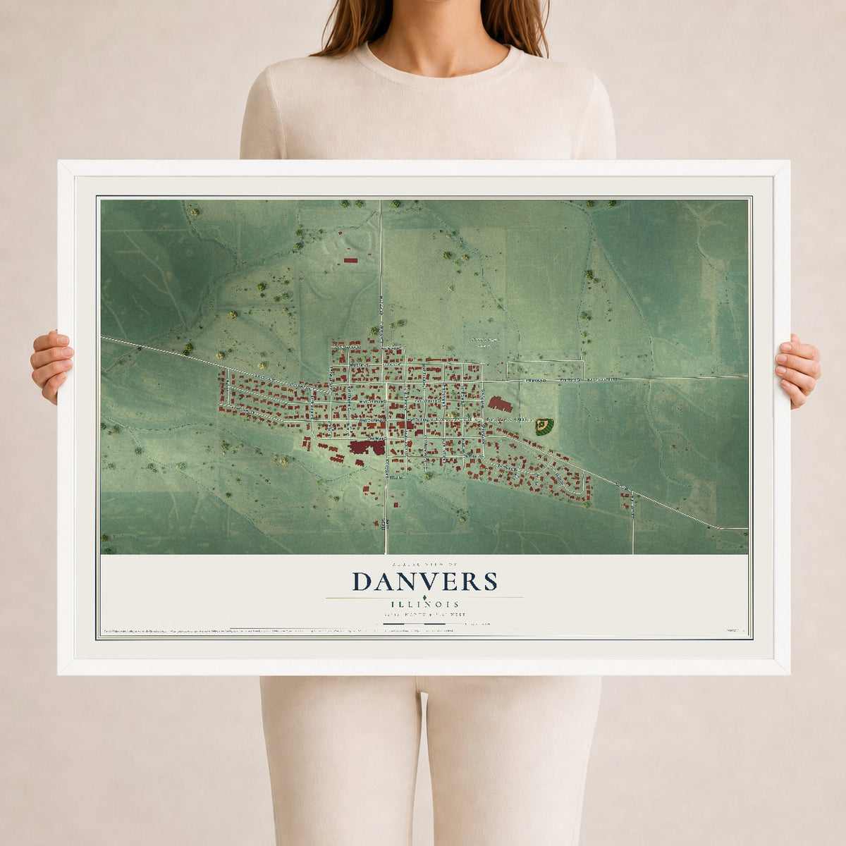 Map of Danvers, Illinois, 24 x 36 inch print in a white wood frame