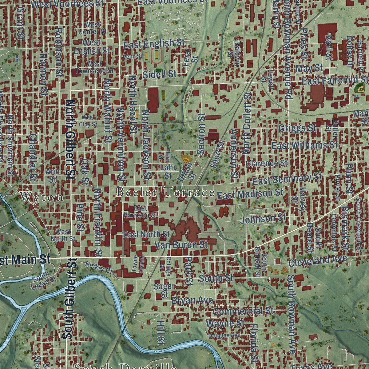 Close-up of the map of Danville, Illinois print showing street and building detail