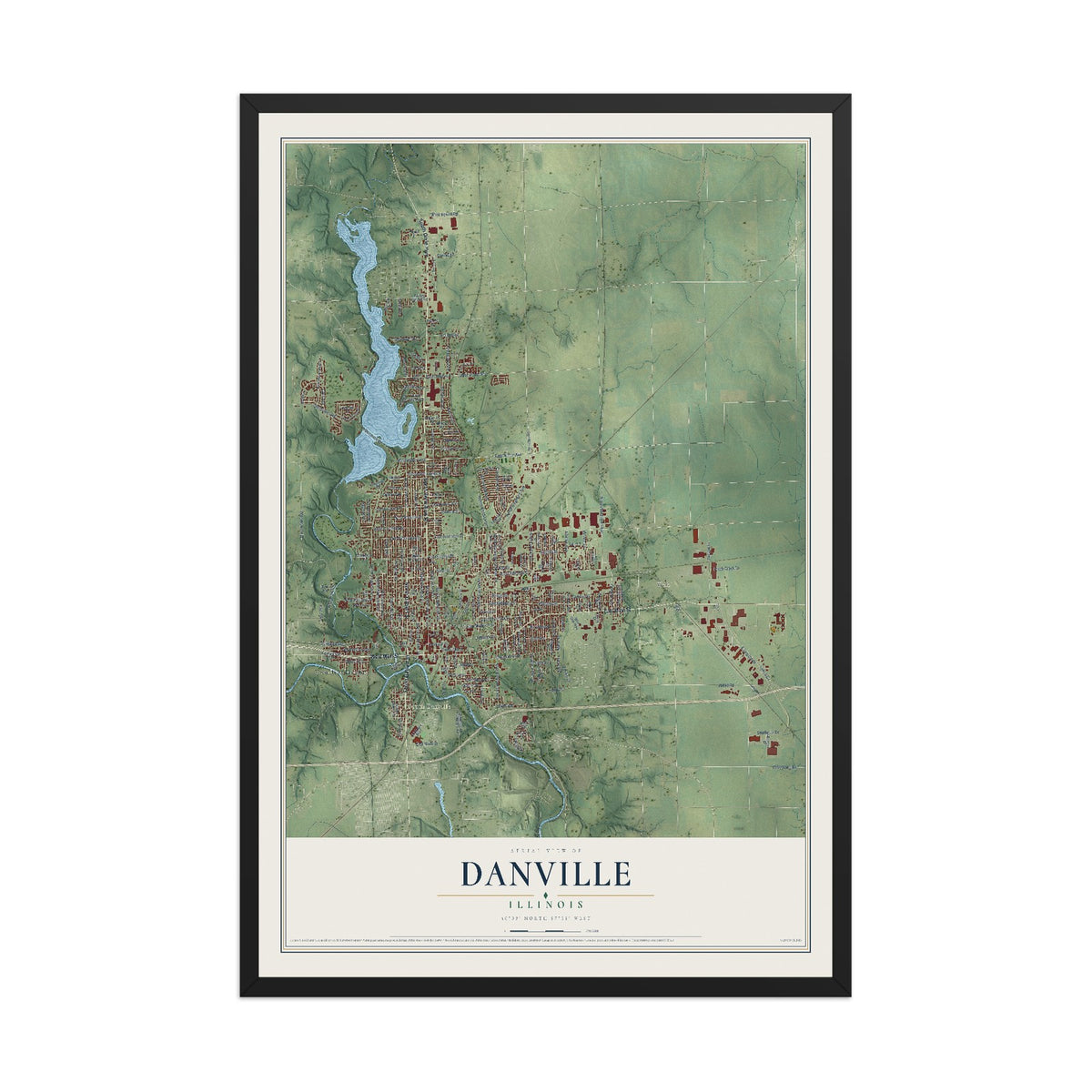 Map of Danville, Illinois, 12 x 18 inch print in a black wood frame