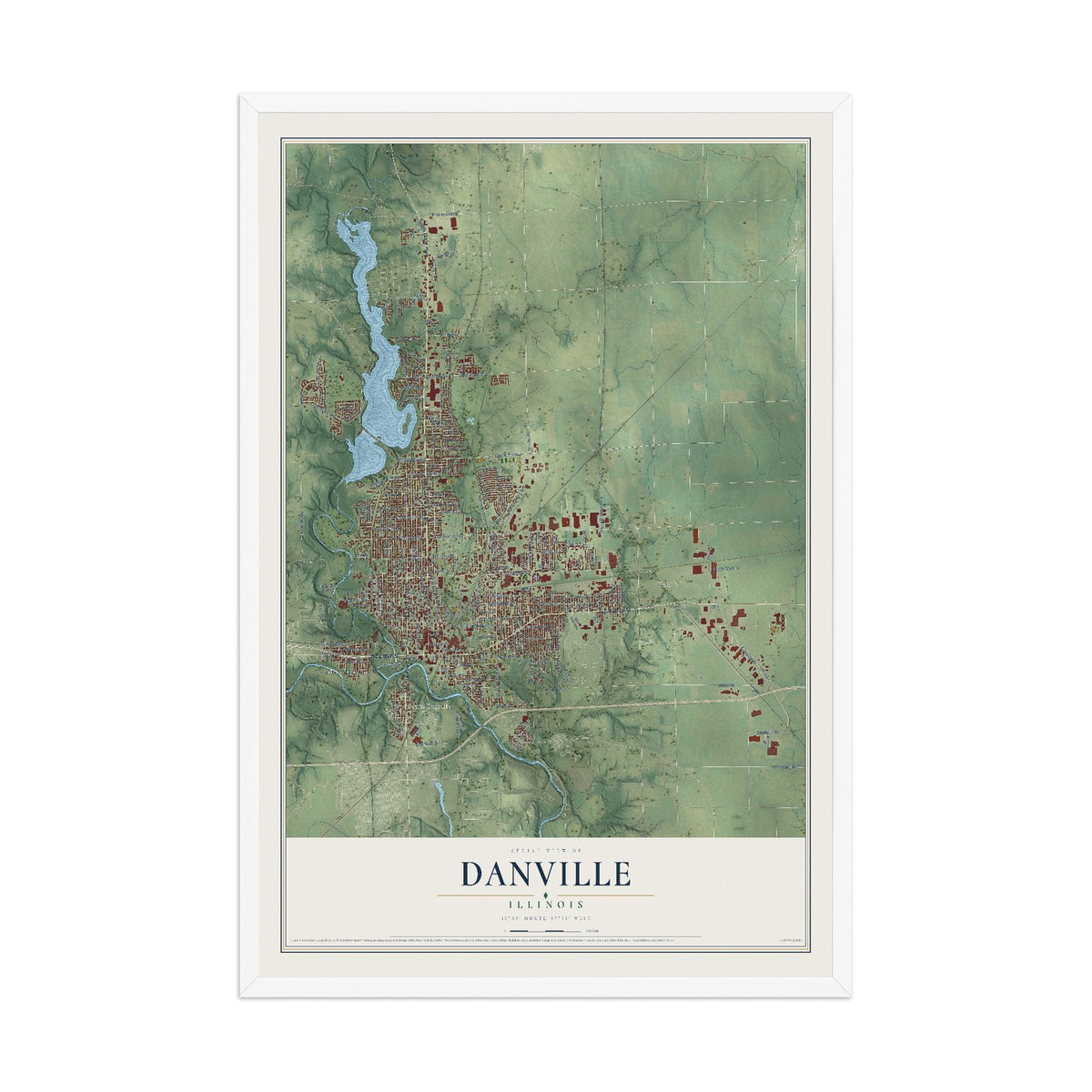 Map of Danville, Illinois, 12 x 18 inch print in a white wood frame