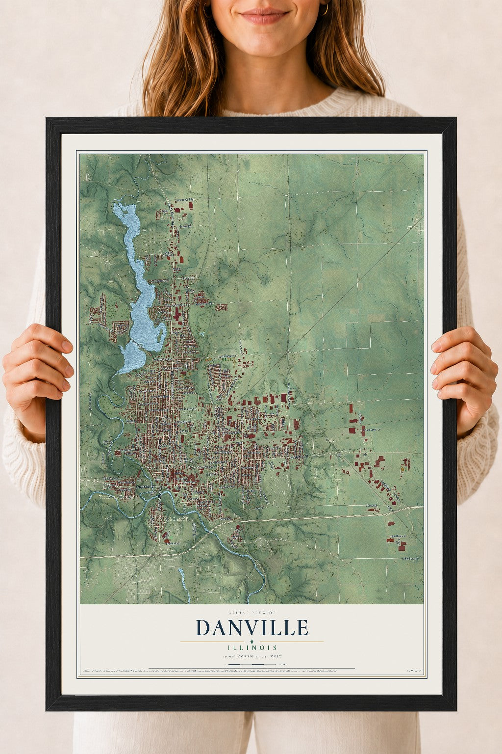Map of Danville, Illinois, 18 x 24 inch print in a black wood frame