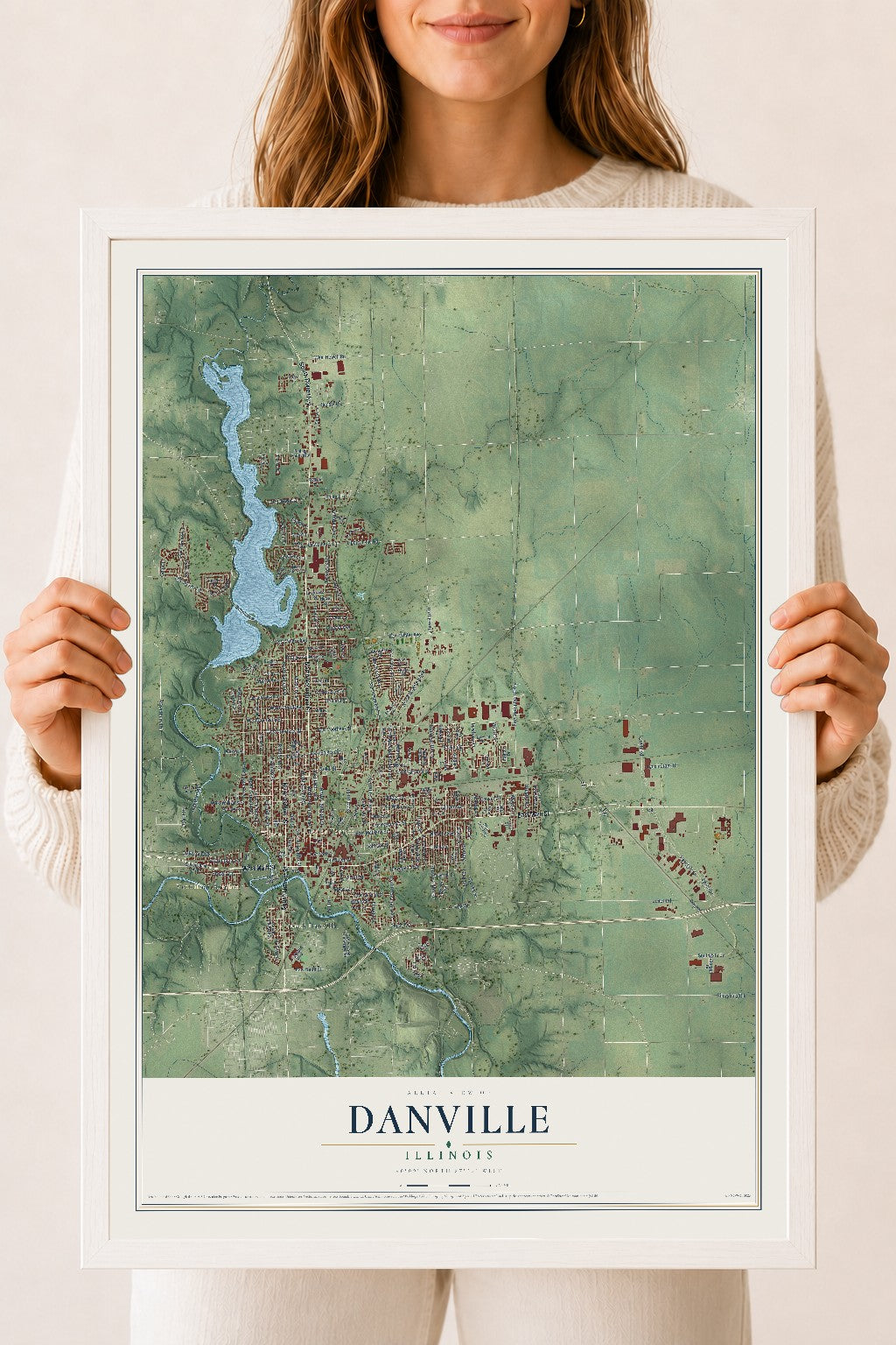 Map of Danville, Illinois, 18 x 24 inch print in a white wood frame