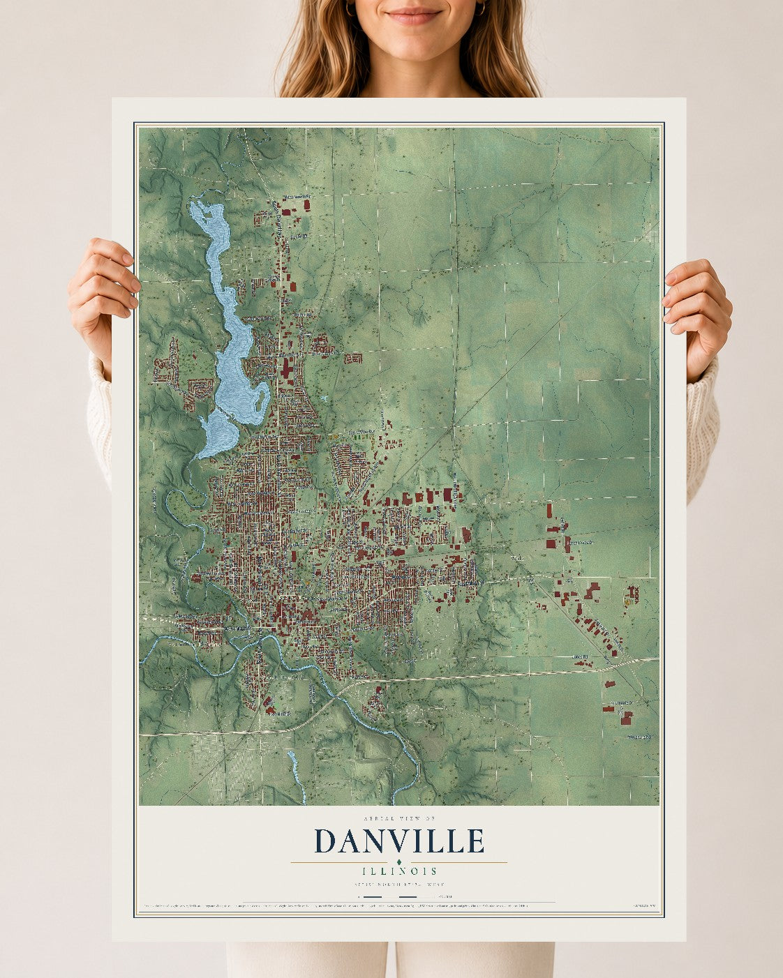 Map of Danville, Illinois, 24 x 36 inch unframed archival matte print
