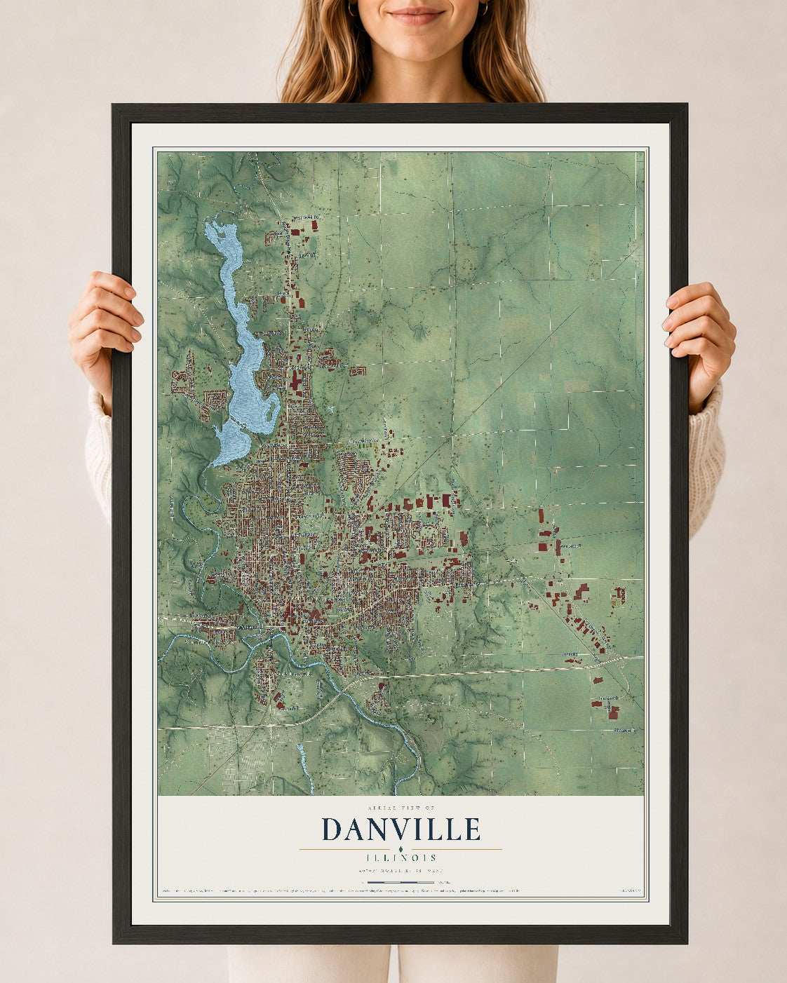 Map of Danville, Illinois, 24 x 36 inch print in a black wood frame
