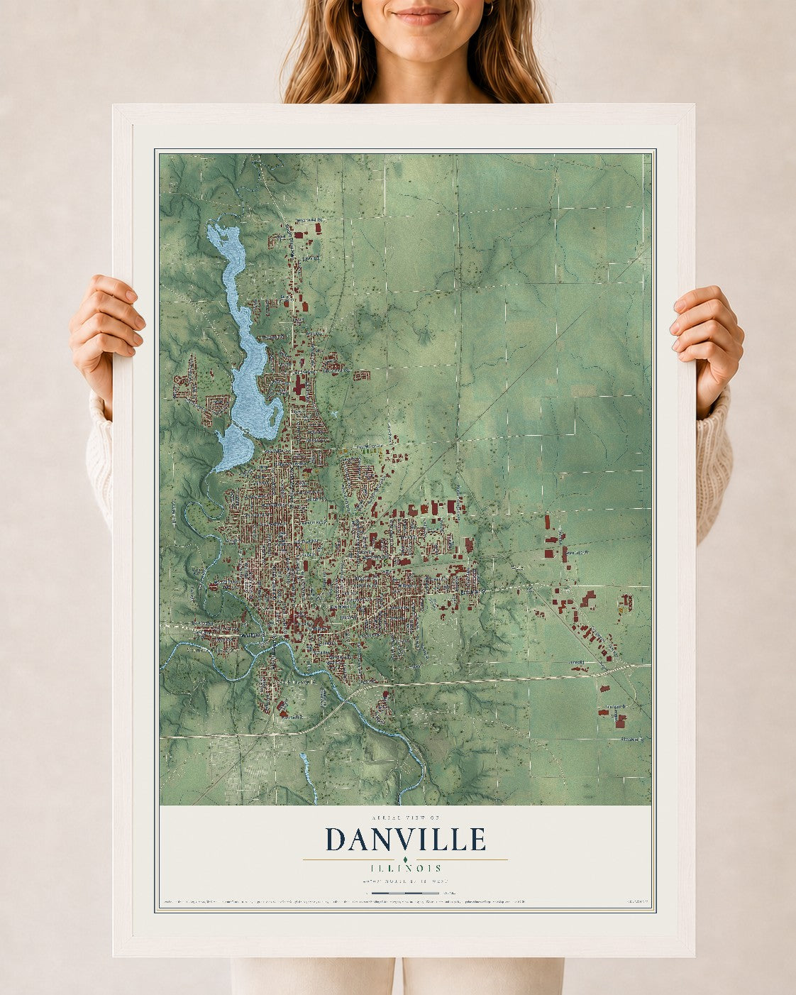 Map of Danville, Illinois, 24 x 36 inch print in a white wood frame