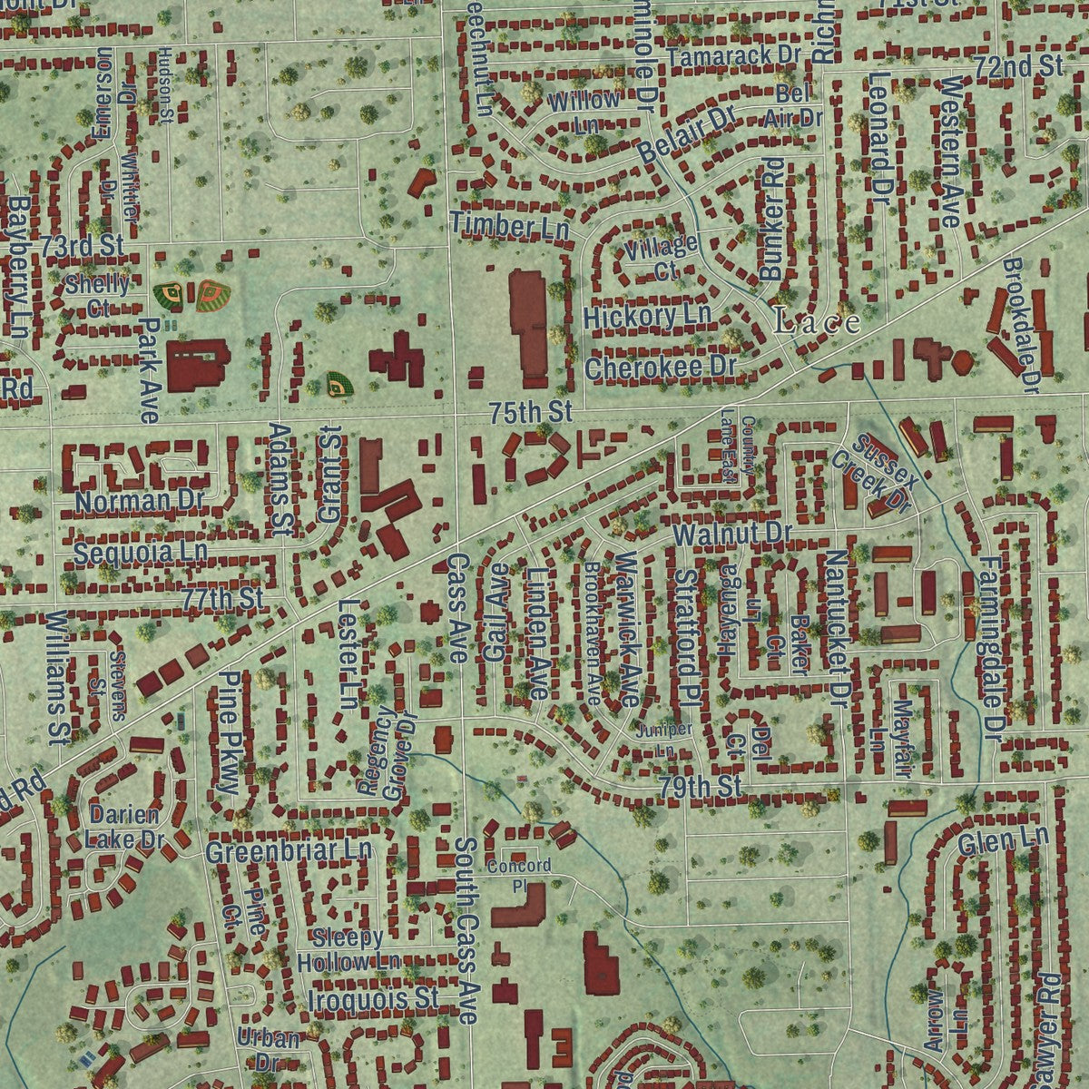 Close-up of the map of Darien, Illinois print showing street and building detail