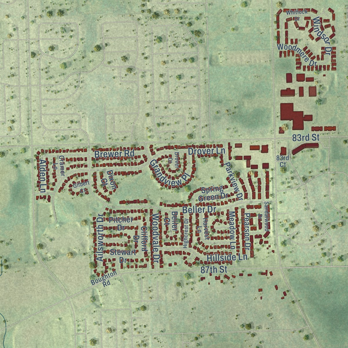 Second close-up of the map of Darien, Illinois print showing more streets and buildings
