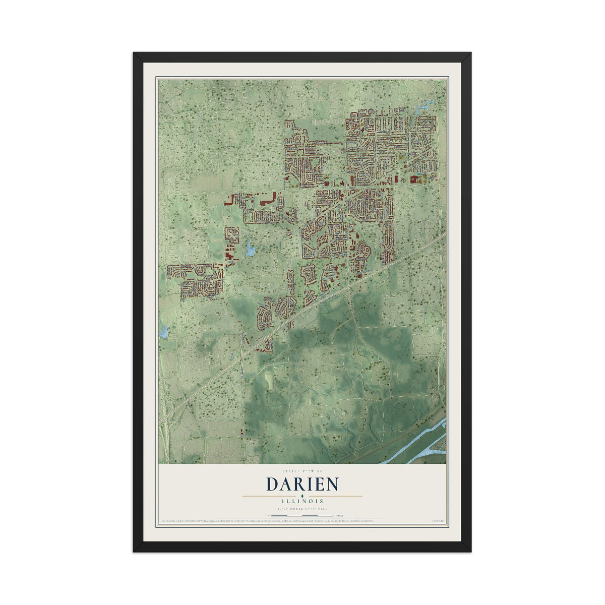 Map of Darien, Illinois, 12 x 18 inch print in a black wood frame