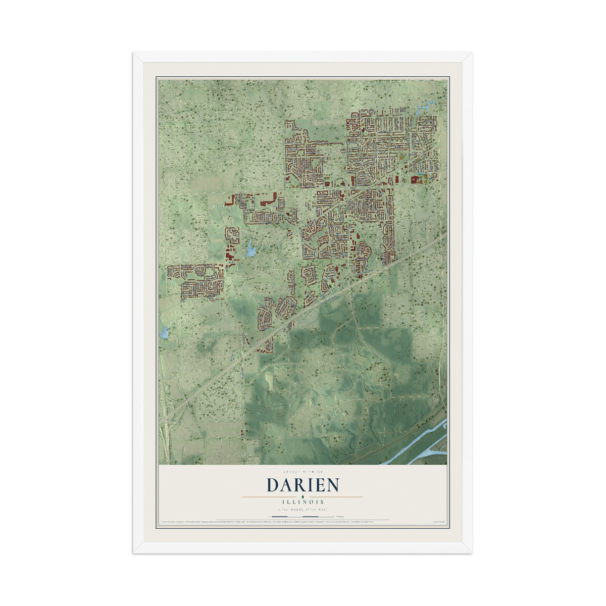 Map of Darien, Illinois, 12 x 18 inch print in a white wood frame