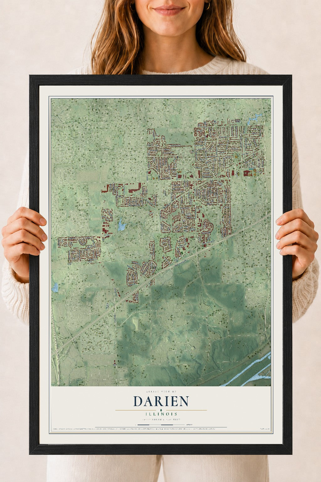 Map of Darien, Illinois, 18 x 24 inch print in a black wood frame