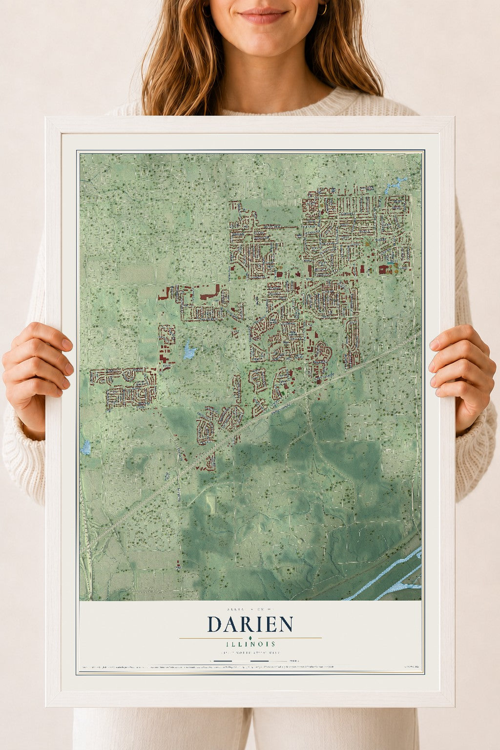 Map of Darien, Illinois, 18 x 24 inch print in a white wood frame