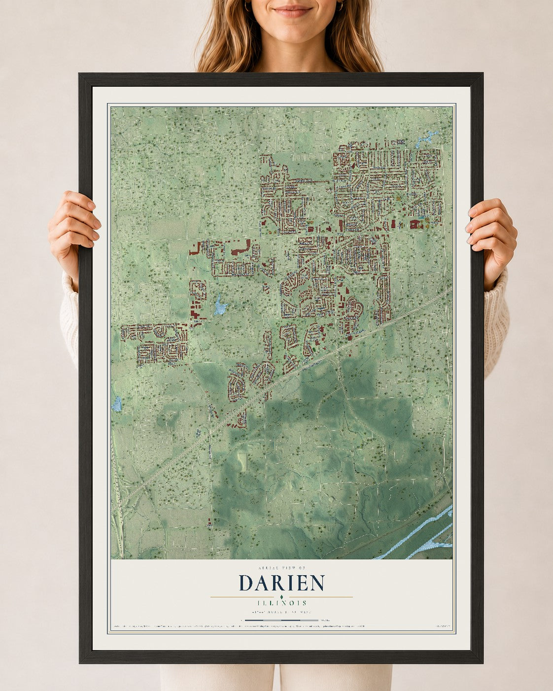 Map of Darien, Illinois, 24 x 36 inch print in a black wood frame