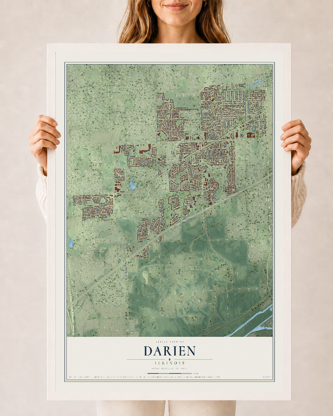 Map of Darien, Illinois, 24 x 36 inch print in a white wood frame
