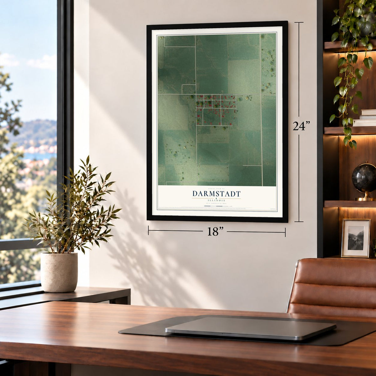 Darmstadt, Illinois map, 18 x 24 inch print in a black frame in a home office