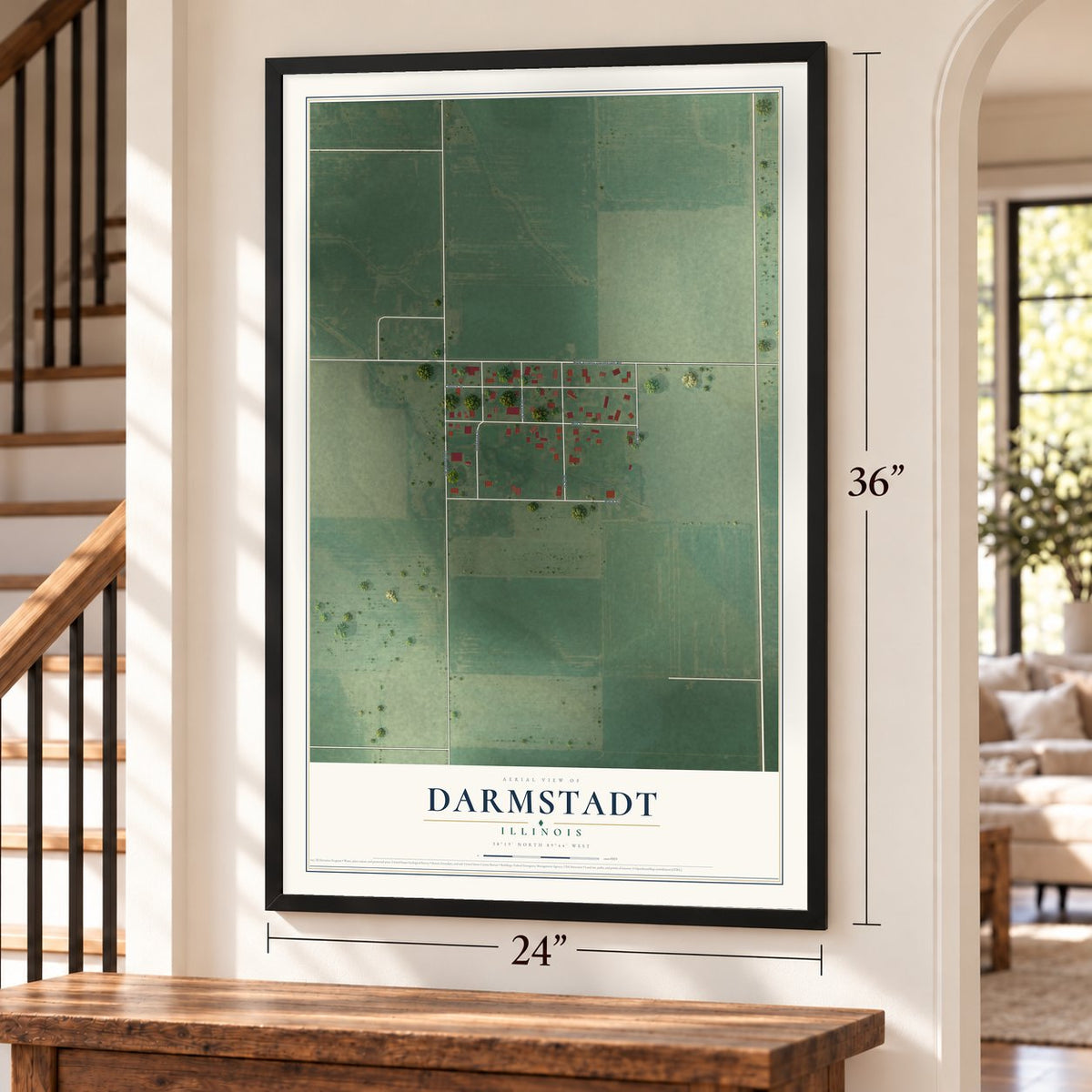Darmstadt, Illinois map, 24 x 36 inch print in a black frame by a staircase