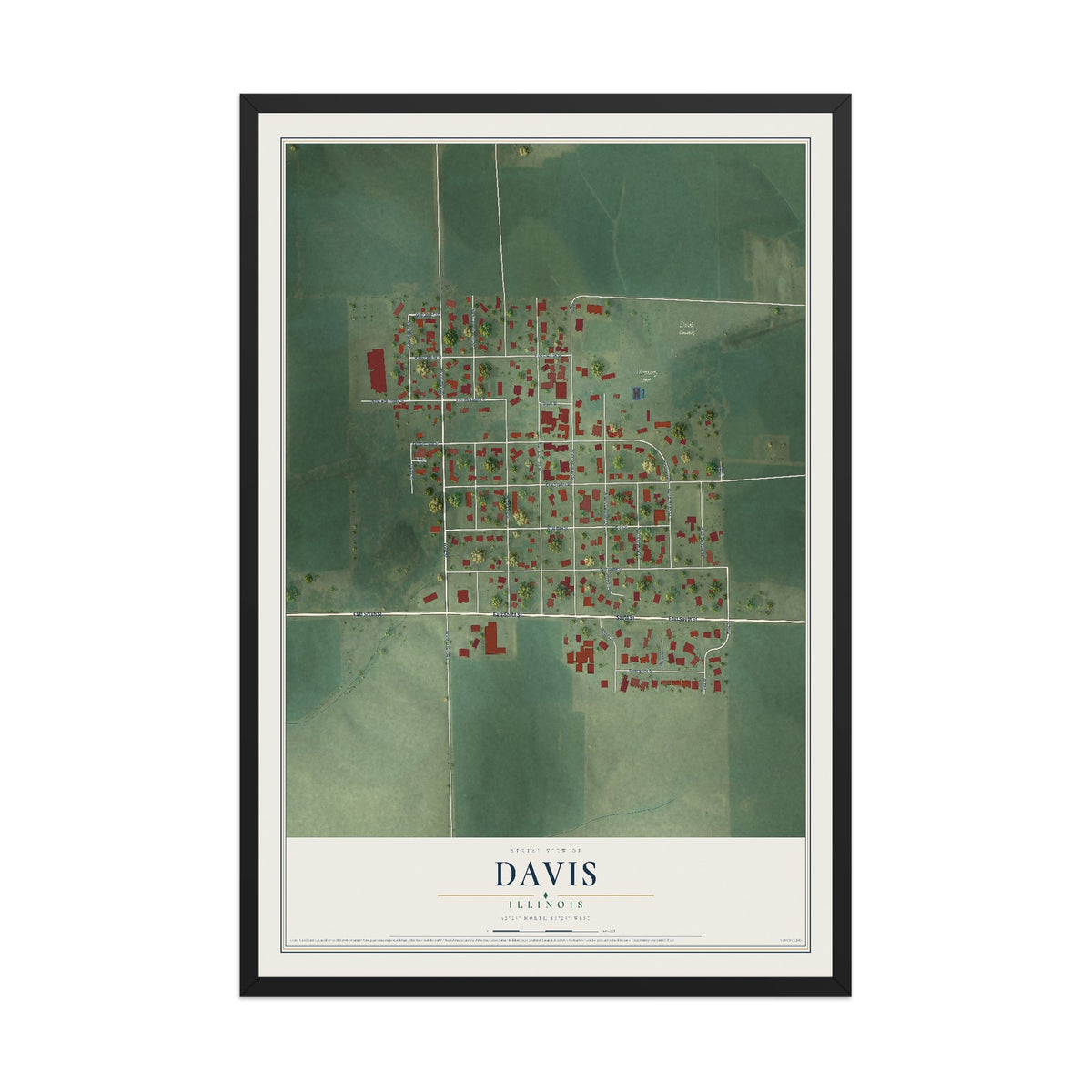 Map of Davis, Illinois, 12 x 18 inch print in a black wood frame
