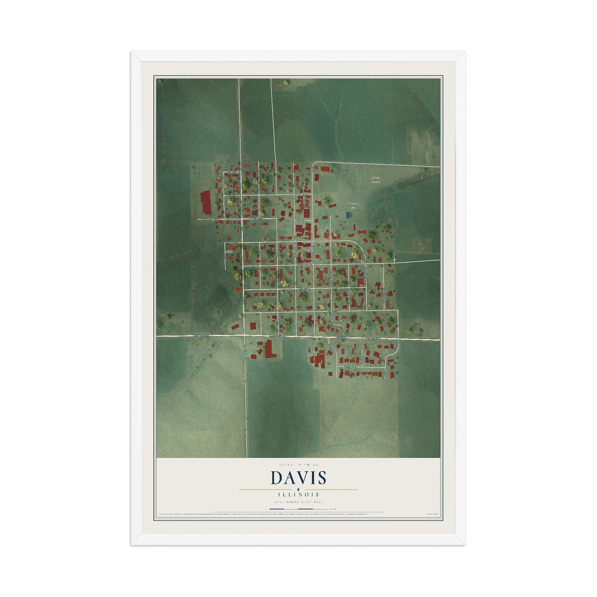 Map of Davis, Illinois, 12 x 18 inch print in a white wood frame
